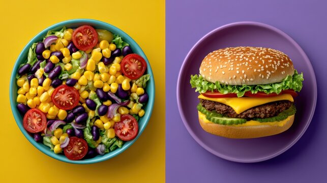 A vibrant image showing a fresh salad with corn, tomatoes, kidney beans, and lettuce on one side, and a cheeseburger with lettuce and tomato on the other.