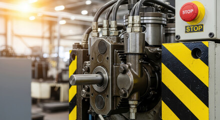 Obraz premium Industrial factory machinery with safety stop button and warning stripes in manufacturing environment with warm light