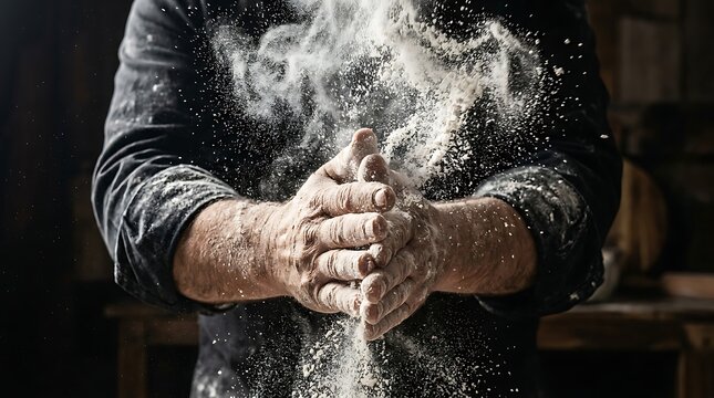Baker clapping floury hands in a rustic kitchen