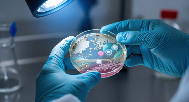 Antimicrobial resistance testing laboratory with petri dish held by gloved hands bright light showing bacterial growth and antibiotic discs