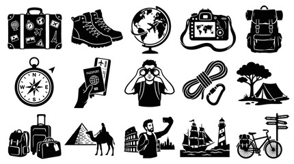 Obraz premium Black White Travel Icons Set: Tourism, Adventure Vacation Essentials Glyph Symbols