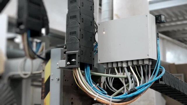 Close up of industrial automation control unit with electrical cables and sensors on manufacturing equipment. Modern factory technology and machine control system.