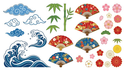 Fototapeta premium Japanese wave fan flower icons.