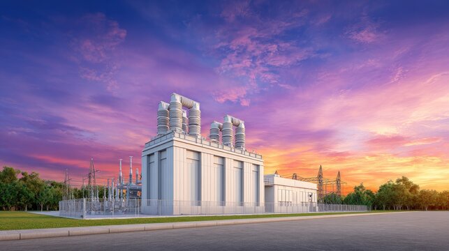 Modern electrical substation at sunset with vibrant sky and industrial architecture highlighting energy and power distribution in urban environment