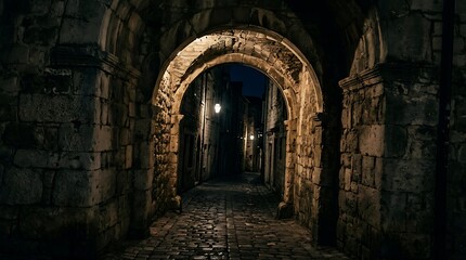 Obraz premium Ancient stone archway leading into a dark cobblestone alley at night