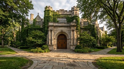 Fototapeta premium Historic collegiate gothic architecture building covered in green ivy on a university campus