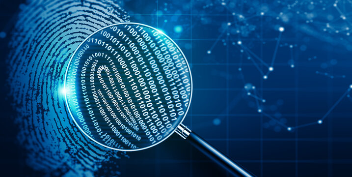 Closeup digital illustration showing binary code magnified through a virtual lens over a futuristic technology background