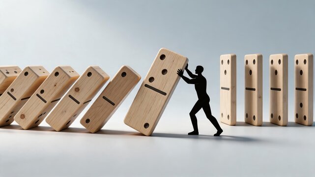 Silhouette of a businessman stopping falling wooden dominoes representing risk management, crisis prevention and business continuity planning.