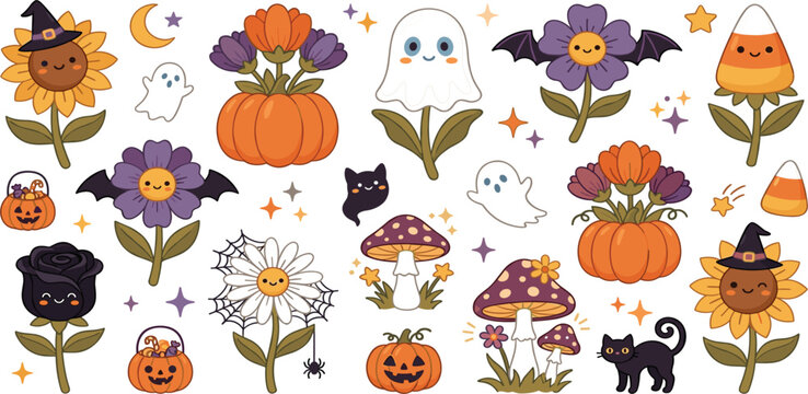 Cute Halloween Floral Collection with Pumpkin Flowers Ghosts Mushrooms Candy Corn and Spooky Autumn Botanical Decorative Elements Set