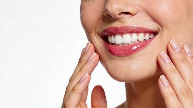 Close up portrait of beautiful woman with perfect white teeth and pink glossy lips, smiling brightly while touching face with manicured hands, dental care concept