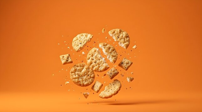 Crumbled Golden Crackers Suspended in Mid-Air on an Orange Background