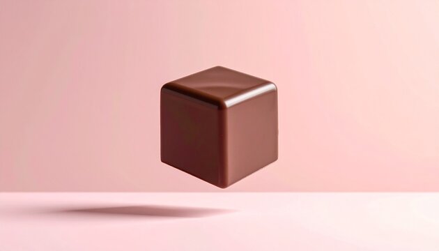 Floating Glossy Brown Cube Isolated on a Soft Pastel Pink Background