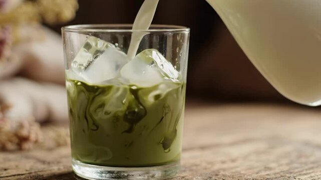 Pouring milk into glass with ice and matcha latte
