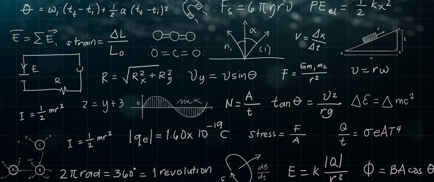 Complex Physics and Engineering Formulas Written on Chalkboard with Various Mathematical Equations and Diagrams