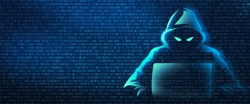 Digital Illustration of Hacker Silhouette Surrounded by Binary Code Data Stream for Cyber Security Concepts