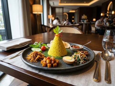 mini tumpeng served individually on elegant ceramic plates, minimalist modern Indonesian cuisine, neat garnish arrangement, luxury restaurant presentation, soft lighting, clean composition, premium fo
