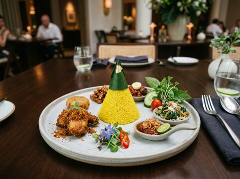 mini tumpeng served individually on elegant ceramic plates, minimalist modern Indonesian cuisine, neat garnish arrangement, luxury restaurant presentation, soft lighting, clean composition, premium fo