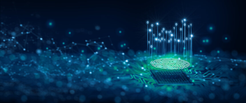 Futuristic digital fingerprint scanning technology with binary code and circuit board illustration representing biometric security systems