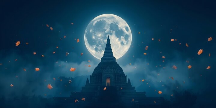 Esala Full Moon Poya Day Concept with Stupa Silhouette and Large Glowing Moon