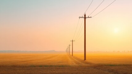 Obraz premium Serene Landscape with Power Lines at Sunset Over Golden Wheat Fields Under a Calm Sky, Capturing the Essence of Rural Tranquility and Nature's Beauty