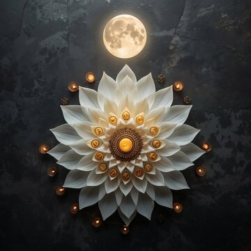 Esala Full Moon Poya Day Decorative White Lotus and Oil Lamps Under Full Moon