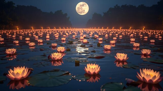 Esala Full Moon Poya Day Magical Pond with Floating Lotus Flowers and Night Moon