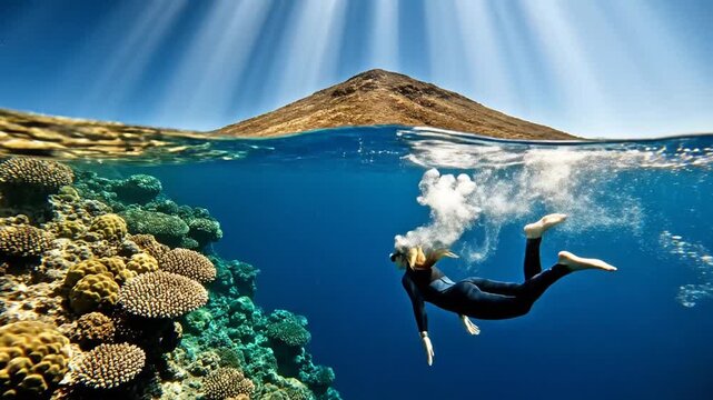 Female snorkeler exploring vibrant coral reef in crystal clear ocean waters with split view island landscape, tropical adventure, marine life, underwater travel and ecotourism.