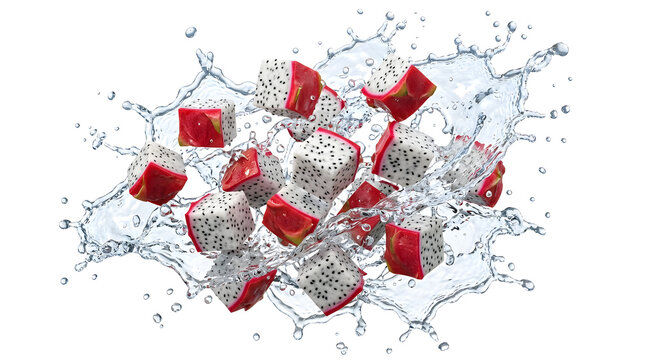 Dragon fruit chunks splashing in water isolated on white background