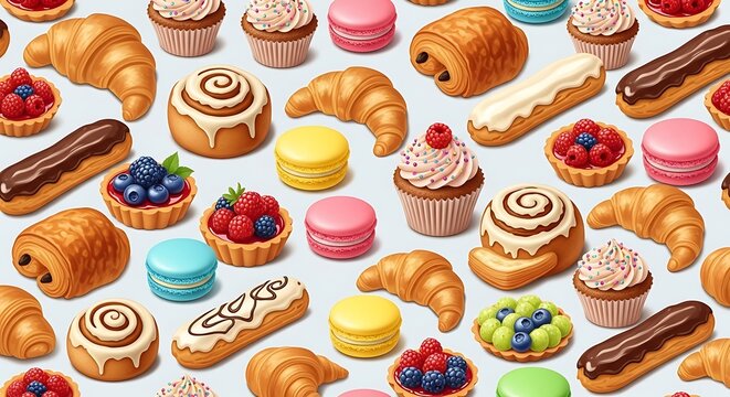 Variety of colorful french pastries and gourmet sweet desserts