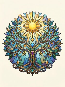 Tree of life and radiant sun in stained glass mosaic style
