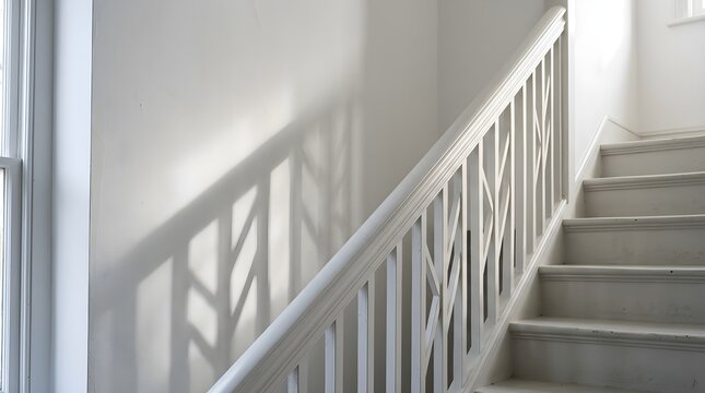 Sunlight casts decorative shadow patterns on a pale textured wall next to a residential staircase with a white handrail and balusters creating a sense of ascension and architectural interest