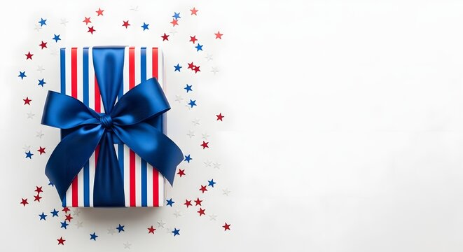 Patriotic gift box with blue bow and star confetti on white