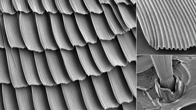 Butterfly wing scale overlapping arrangement with longitudinal ridge creating structural color, scale socket insertion point detail, monochrome SEM high resolution