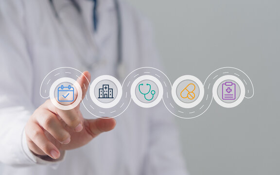 Doctor hand pointing at digital patient journey roadmap concept for health insurance medical treatment process hospital workflow management and healthcare technology service