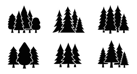 Fototapeta premium Collection of Black Pine Tree Silhouettes on White Background.