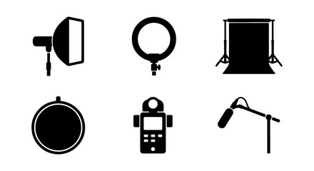 Photography Lighting and Audio Equipment Icons, Studio Gear Vector Set, Professional Video Production Elements © Mitu