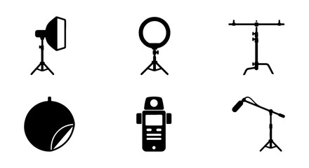 Photography Lighting Equipment Icons, Studio Gear Vector Set, Professional Videography Tools © Mitu