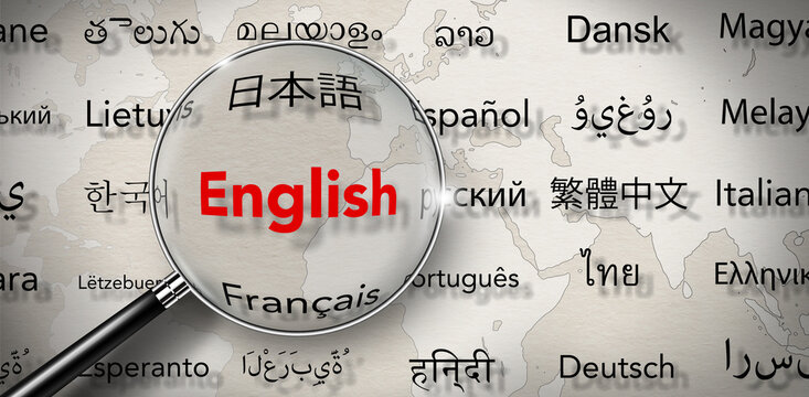 Magnifyingglass highlighting English language among various global languages on world map background
