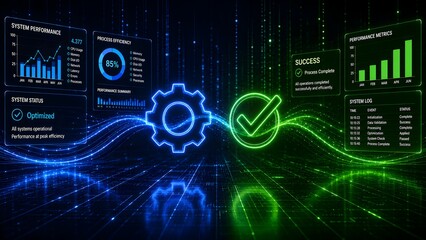 Obraz premium System performance optimization dashboard with glowing gear and checkmark icons showing business data analytics and process efficiency metrics