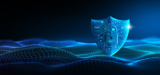 Modern digital security shield with circuit board design and glowing lock symbol representing cyber protection and data safety © Saudia Corporation