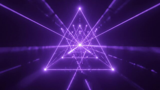 Glowing purple triangular tunnel with nested pyramids and reflective floor