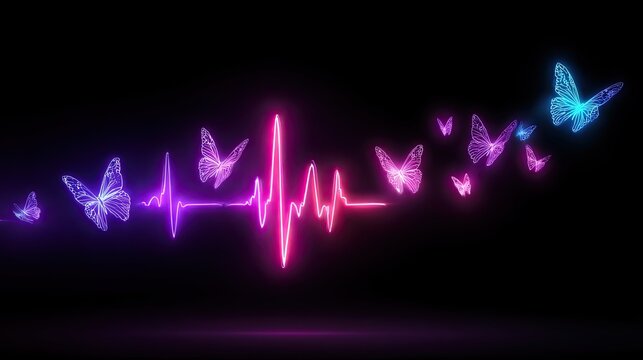 Neon butterflies emerge from a glowing pink heart rate line, blending vibrant colors and light effects on a dark background.