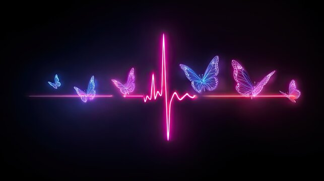 Neon butterflies emerge from a vibrant pink heartbeat line on a dark background, symbolizing life and transformation.