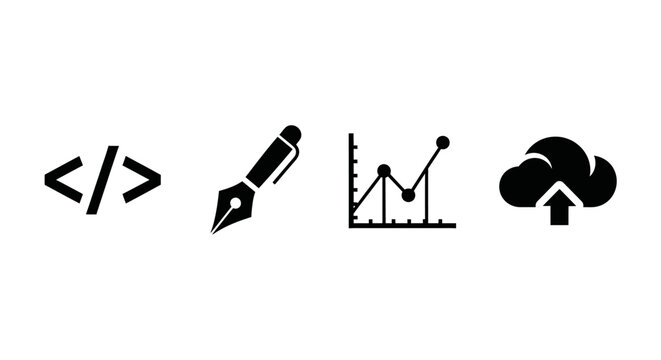 Digital icons representing coding writing data analysis and cloud storage.