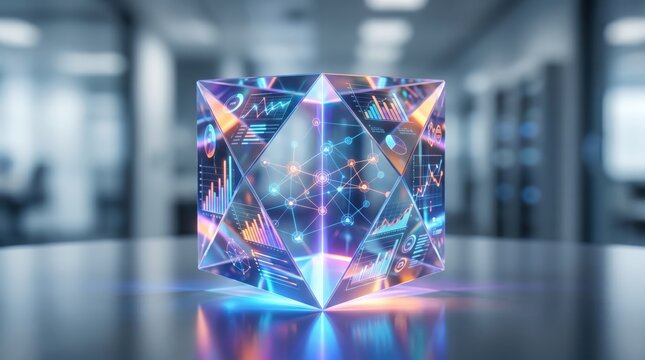 Futuristic glowing crystal cube displaying complex data networks and financial charts, abstract 3D render symbolizing big data analytics