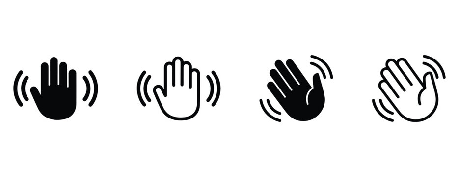 Welcome icon set, hello, hey Hand gestures with sound waves icons set  various palm movements with audio signals