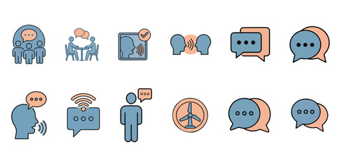colorful communication and social interaction icons including people talking speech bubbles and wind turbine on white background © Rayhan