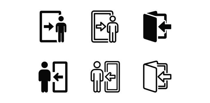 Login and logout icon exit people entering or exiting doors with arrows indicating direction of movement in black and white