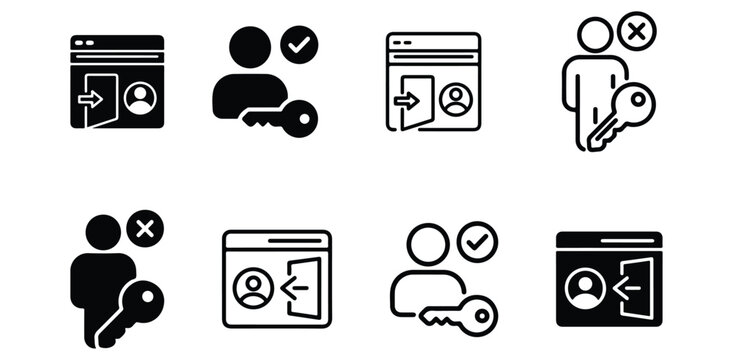 Login and logout icon set user interface and user management including login logout and access control symbols on white background  web and mobile application