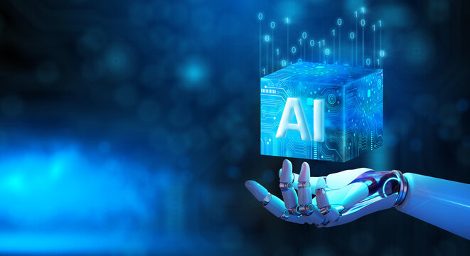 Robotic Hand Holding Digital Artificial Intelligence Block Surrounded by Binary Code Stream